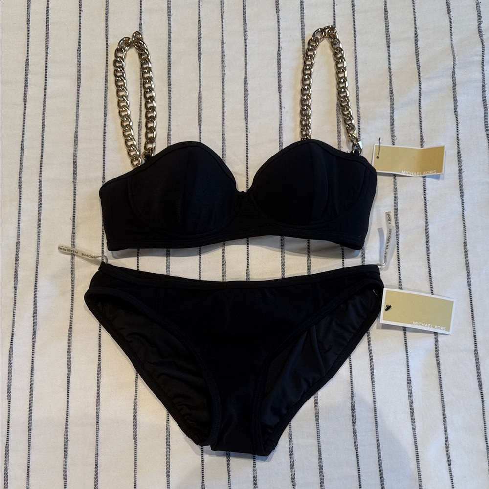 Michael Kors 2 Piece Black & Gold Chain Strap Bikini Set - Size 8